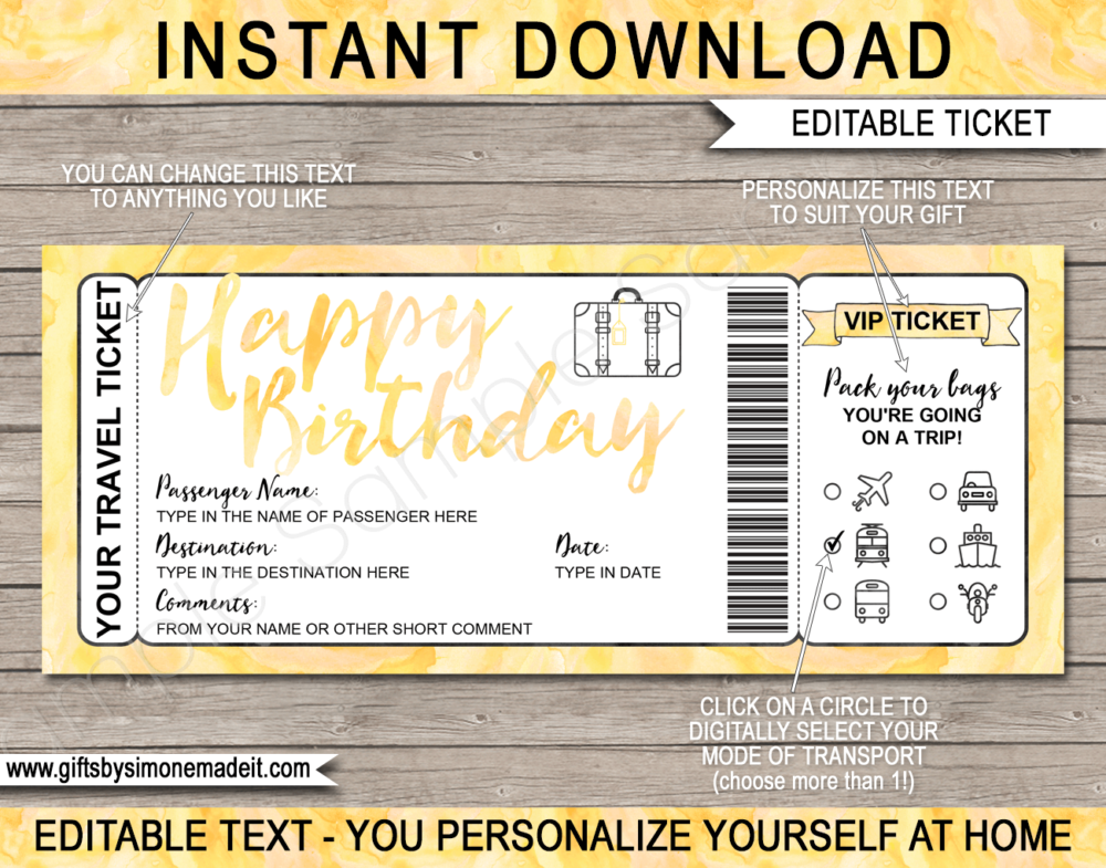 Birthday Surprise Vacation Travel Ticket Template | Printable Holiday Birthday Reveal Gift Idea | Yellow Watercolor | DIY Printable Boarding Pass with Editable Text | Road Trip, Cruise, Train, Plane Flight, Motorbike, Bus | Instant Download via giftsbysimonemadeit.com