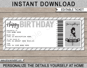 Tattoo birthday gift certificate | Birthday present | DIY editable & printable template | Instant Download via giftsbysimonemadeit.com