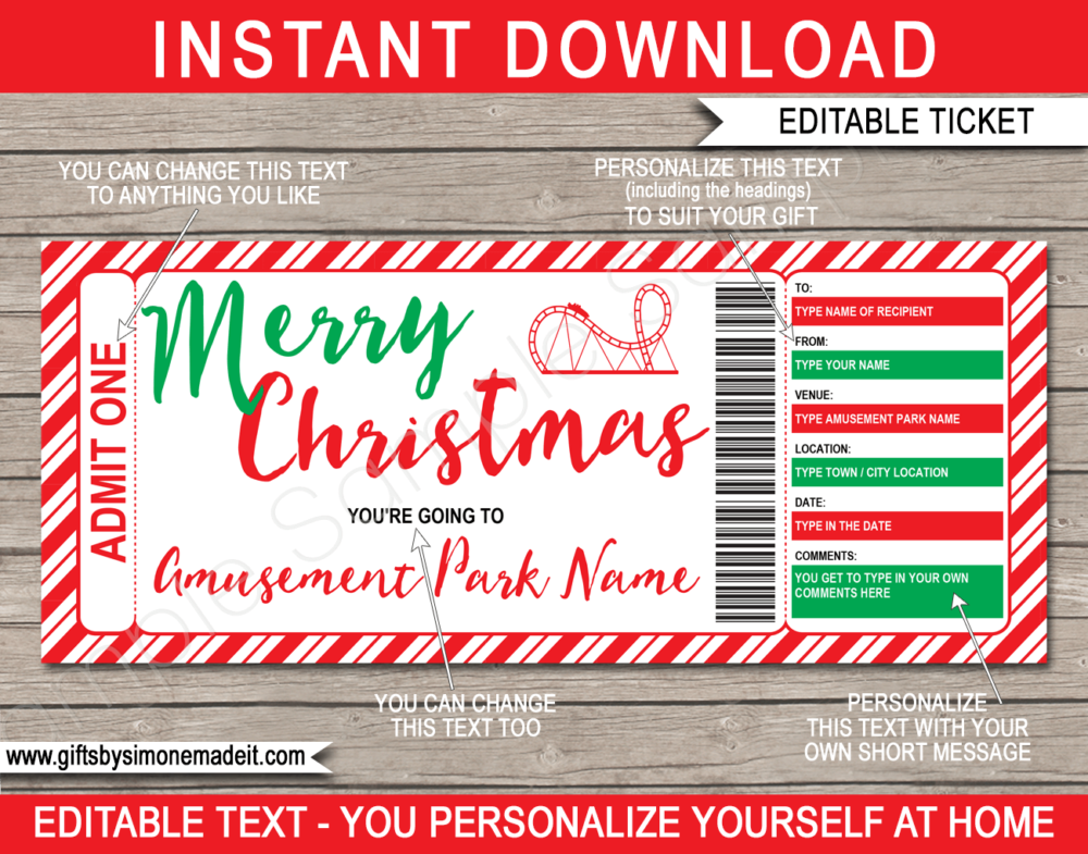 Printable Christmas Amusement Park Tickets Template | Theme Park Gift Voucher / Certificate | Surprise Tickets | Fake Park Tickets | Daily, Season, Yearly Passes | DIY Editable Template | INSTANT DOWNLOAD via giftsbysimonemadeit.com