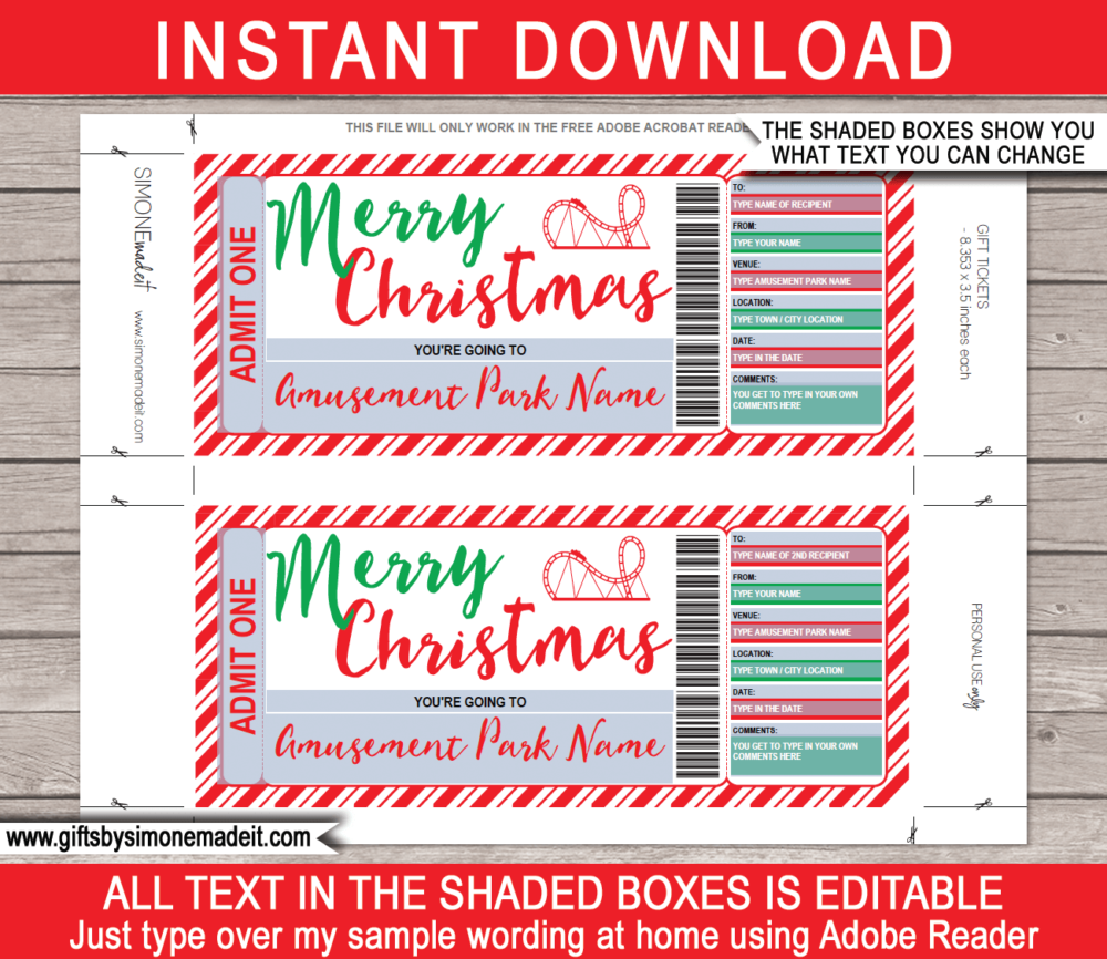 Christmas Amusement Park Tickets Template | Theme Park Gift Voucher / Certificate | Surprise Tickets | Fake Park Tickets | Daily, Season, Yearly Passes | DIY Editable Template | INSTANT DOWNLOAD via giftsbysimonemadeit.com