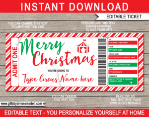Printable Christmas Circus Ticket Gift Voucher template | Printable Carnival Ticket | Instant Download via giftsbysimonemadeit.com