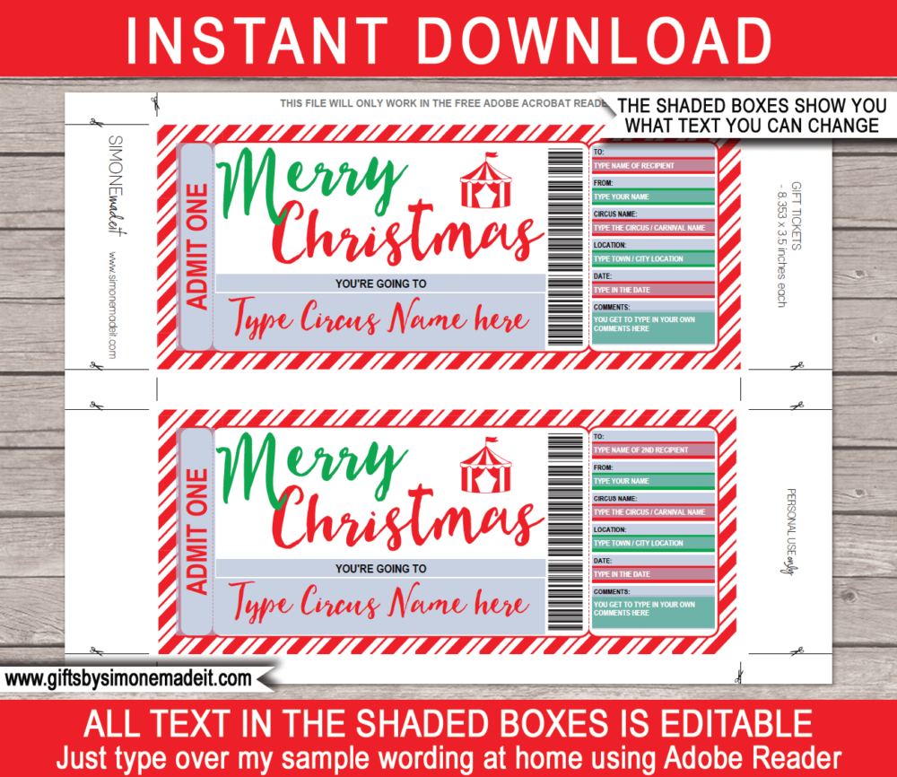 Christmas Circus Ticket Gift Voucher template | Printable Carnival Ticket | Instant Download via giftsbysimonemadeit.com