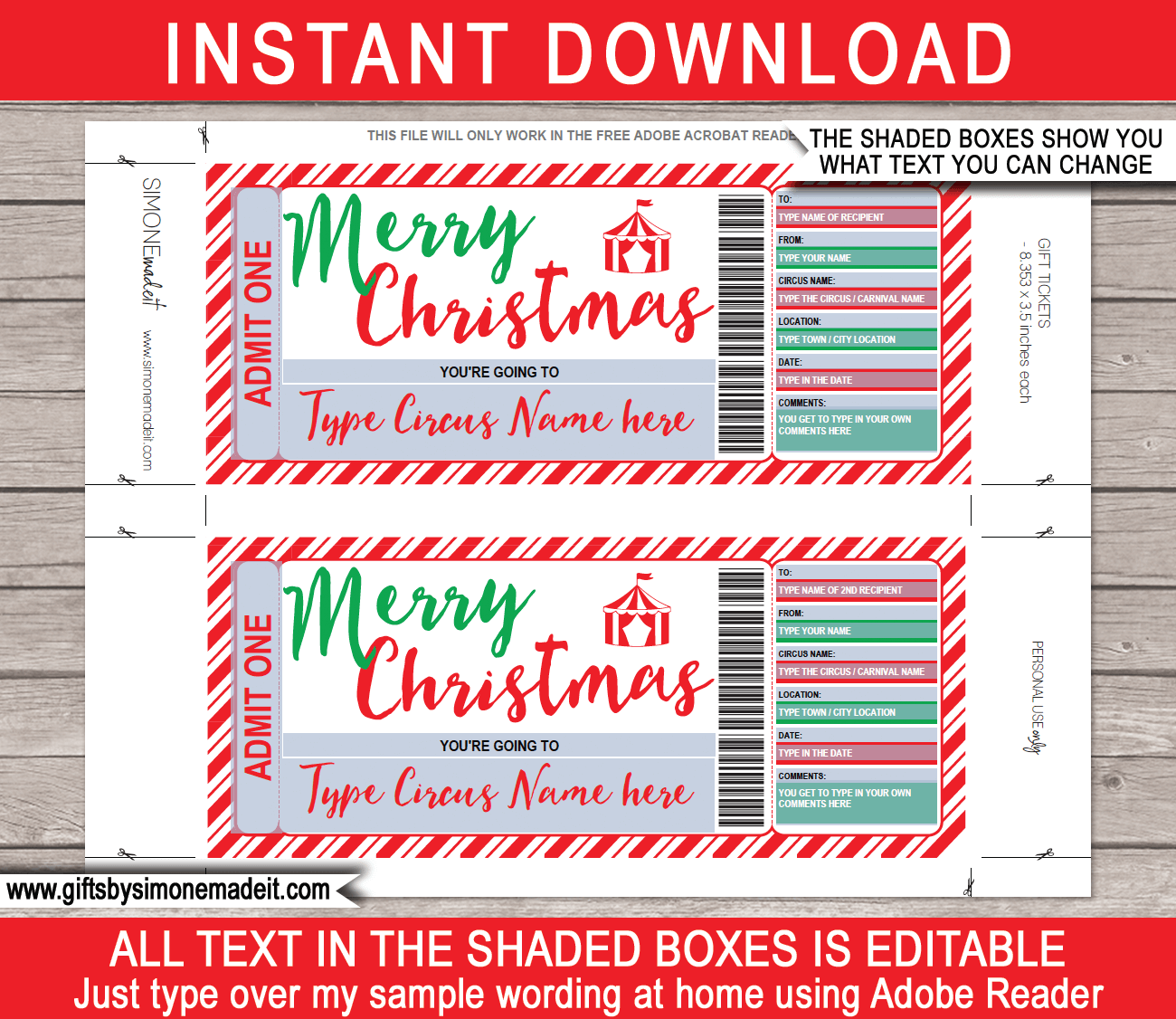 Christmas Circus Ticket Gift Voucher template Printable Carnival Ticket