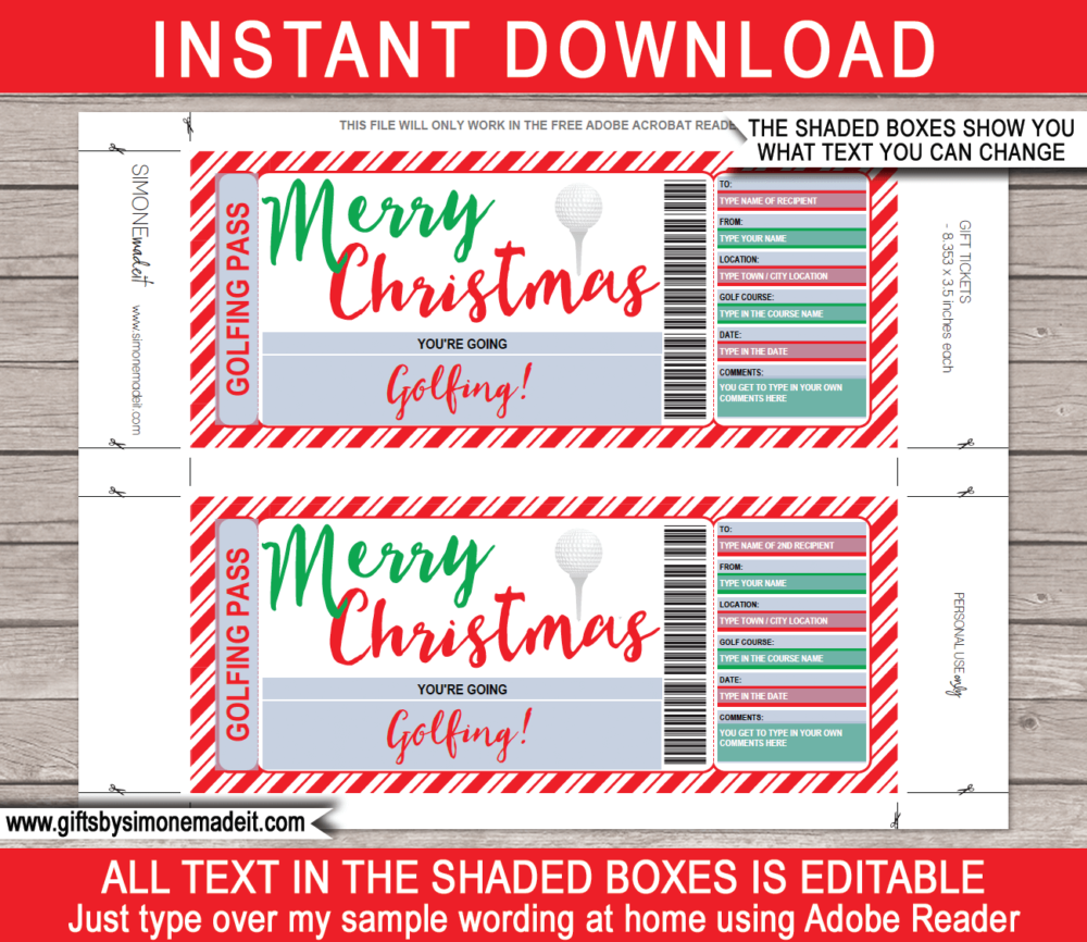 Printable Christmas Golfing Gift Voucher Template | Surprise Golf Trip Reveal | Round of Golf | Gift Ticket Certificate | Golfing Pass | Fake Faux Pretend Ticket | DIY Editable & Printable Template | Instant Download via giftsbysimonemadeit.com