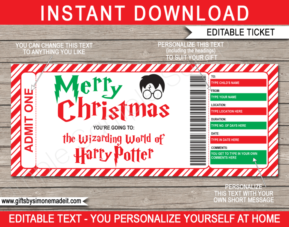 Printable Christmas Wizarding World of Harry Potter Ticket Gift Voucher | Harry Potter World Universal Studios | Fake Faux Pretend Tickets | DIY Editable & Printable Template | INSTANT DOWNLOAD via giftsbysimonemadeit.com