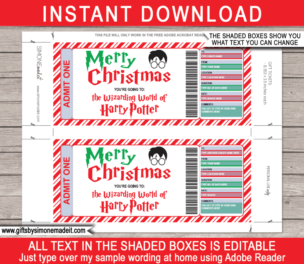 Printable Christmas Wizarding World of Harry Potter Ticket Gift Voucher | Harry Potter World Universal Studios | Fake Faux Pretend Tickets | DIY Editable & Printable Template | INSTANT DOWNLOAD via giftsbysimonemadeit.com