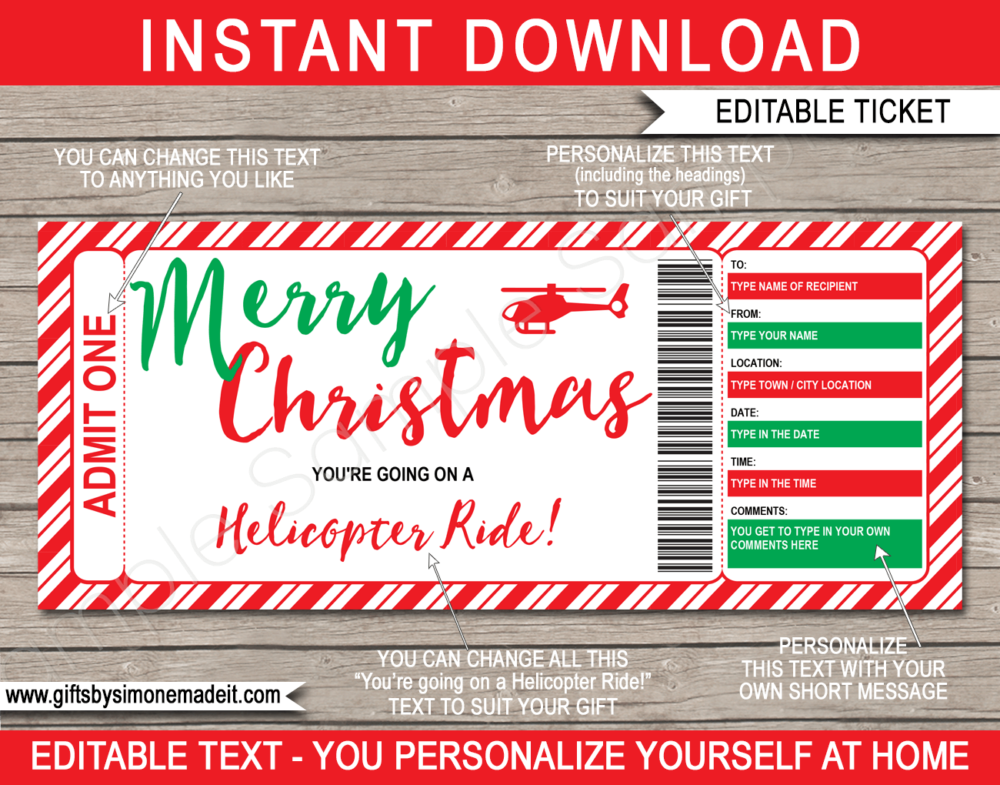 Christmas Helicopter Ride Gift Certificate Template - Ticket to Ride - Printable Gift Voucher - Last Minute Christmas Present - DIY Editable Template - INSTANT DOWNLOAD via www.giftsbysimonemadeit.com