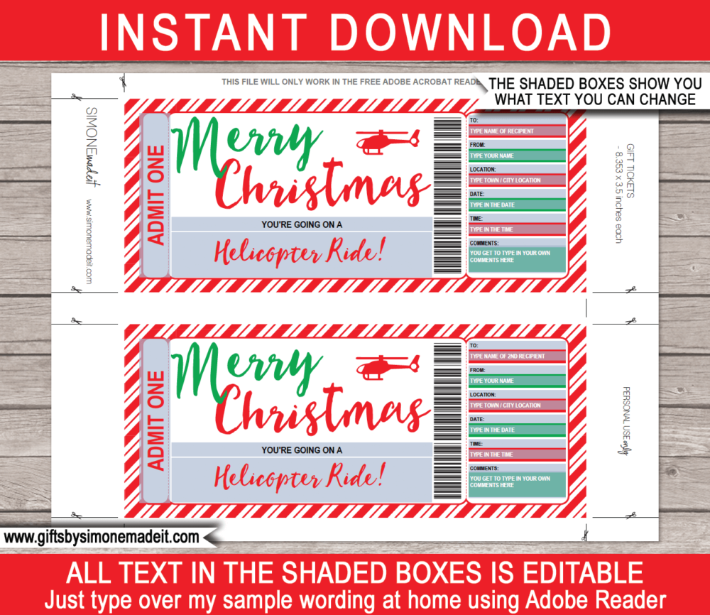 Christmas Helicopter Ride Gift Certificate Template - Printable Gift Voucher - Last Minute Christmas Present - DIY Editable Template - INSTANT DOWNLOAD via www.giftsbysimonemadeit.com