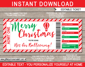 Christmas Hot Air Ballooning Gift Voucher | DIY Editable & Printable Template | Gift Ticket Certificate | Fake Faux Pretend Ticket | Instant Download via giftsbysimonemadeit.com