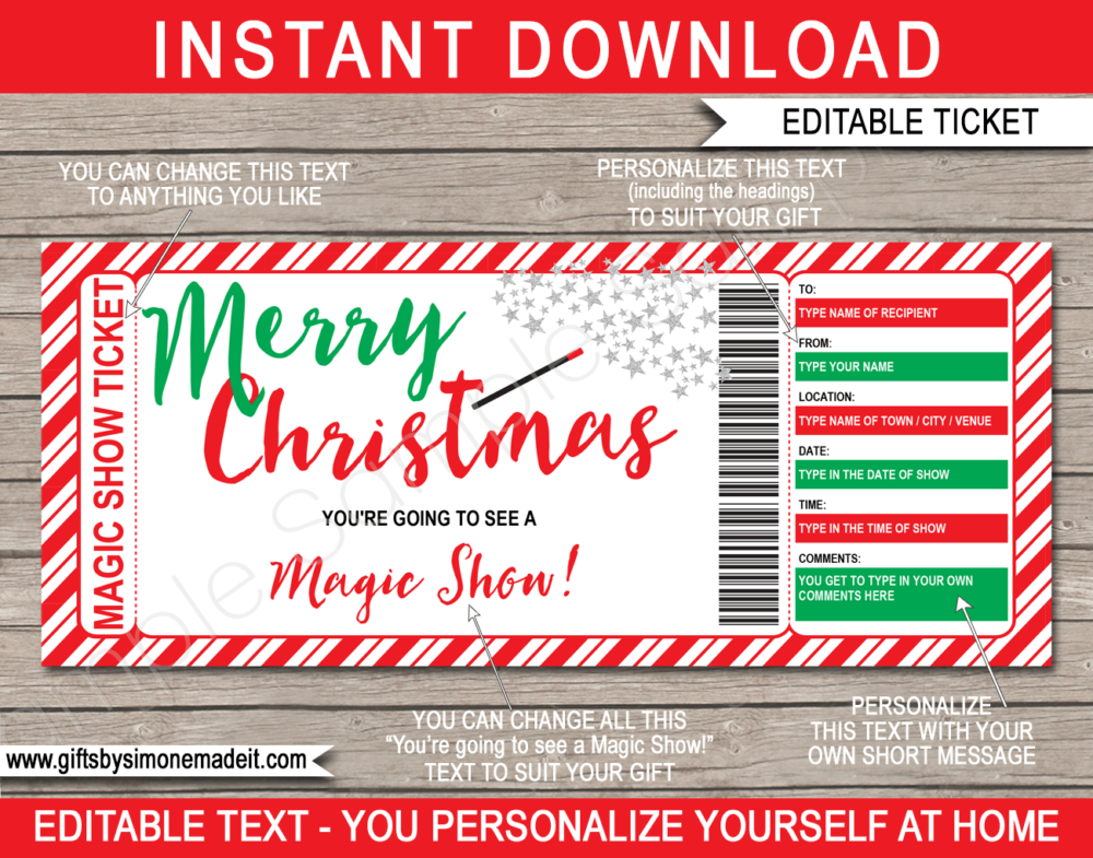 Christmas Magic Show Ticket Gift Voucher | DIY Printable Template | Gift Certificate | Fake Faux Pretend Ticket | Instant Download via giftsbysimonemadeit.com