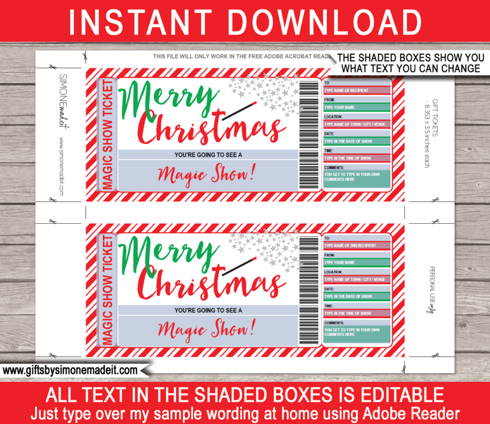Printable Christmas Magic Show Gift Voucher | DIY Ticket Template | Gift Certificate | Fake Faux Pretend Ticket | Instant Download via giftsbysimonemadeit.com