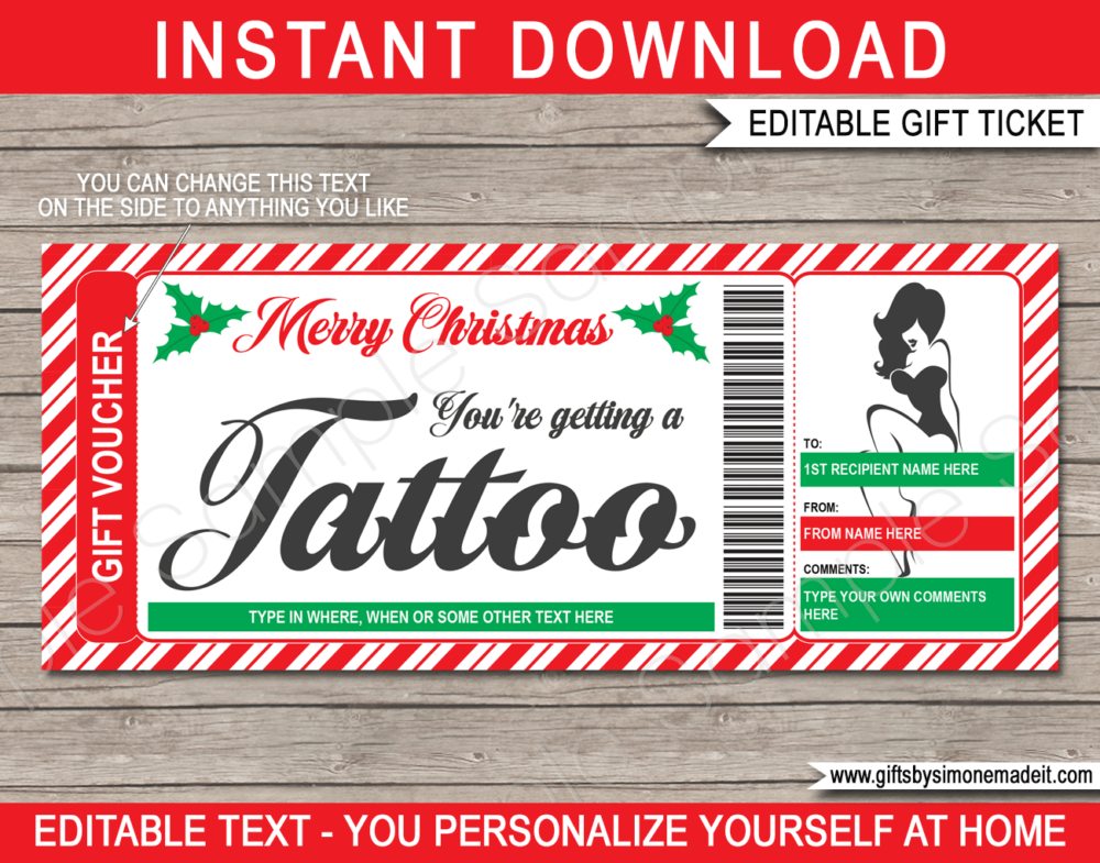 Christmas Tattoo Gift Certificate Template | DIY Gift Voucher Card | Retro 50's Pinup Tattoo Design | Editable & Printable | Print at Home | Last Minute Gift for Men | Instant Download via www.giftsbysimonemadeit.com