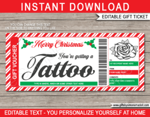 Christmas Tattoo Gift Certificate Template | DIY Gift Voucher Card | Rose Flower Tattoo Design | Editable & Printable | Print at Home | Last Minute Gift for Men | Instant Download via www.giftsbysimonemadeit.com