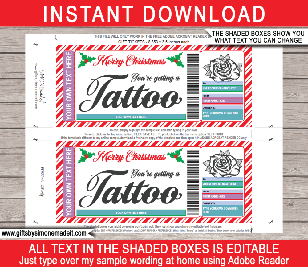 Christmas Tattoo Gift Certificate Template | DIY Gift Voucher Card | Rose Flower Tattoo Design | Editable & Printable | Print at Home | Last Minute Gift for Men | Instant Download via www.giftsbysimonemadeit.com