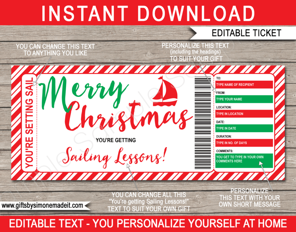Christmas Sailing Lessons Gift Certificate Template | Boating Gift Idea | Gift Ticket Voucher | Fake Faux Pretend Ticket | DIY Editable & Printable Template | Instant Download via giftsbysimonemadeit.com