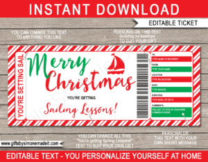 Christmas Sailing Lessons Gift Certificate Template | Boating Gift Idea | Gift Ticket Voucher | Fake Faux Pretend Ticket | DIY Editable & Printable Template | Instant Download via giftsbysimonemadeit.com