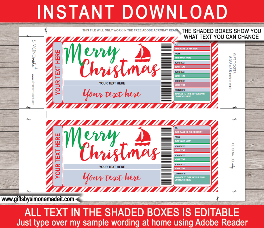 Printable Christmas Sailing Lessons Gift Certificate Template | Boating Gift Idea | Gift Ticket Voucher | Fake Faux Pretend Ticket | DIY Editable Template | Instant Download via giftsbysimonemadeit.com