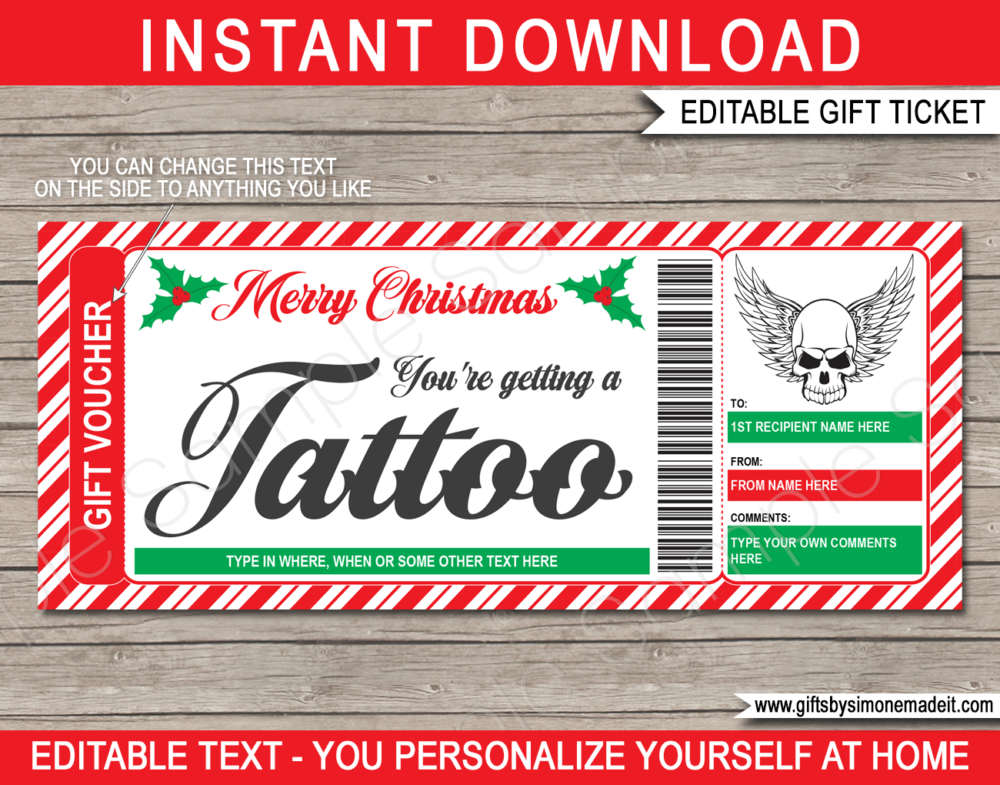 Christmas Tattoo Gift Certificate Template | DIY Gift Voucher Card | Skull Tattoo Design | Editable & Printable | Print at Home | Last Minute Gift for Men | Instant Download via www.giftsbysimonemadeit.com