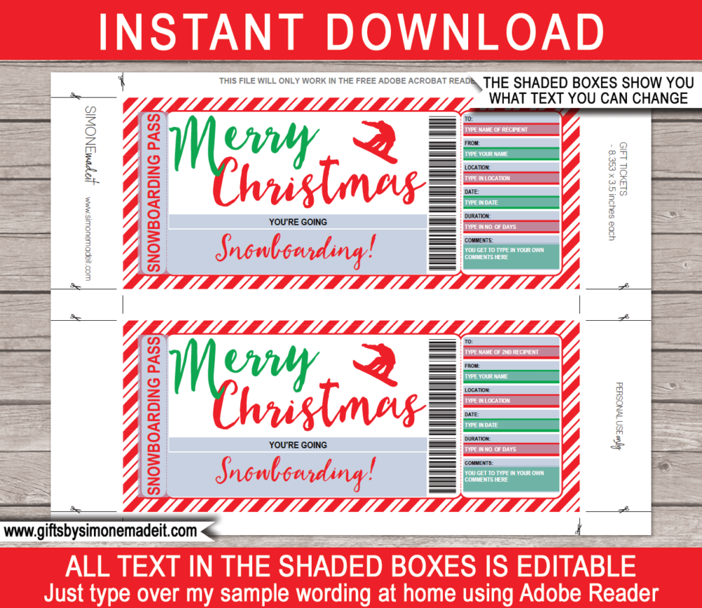 Christmas Snowboarding Ticket Gift Certificate Template | Print at Home Skiing Gift Voucher | Fake Ticket | Customized & Personalized Ski Pass | INSTANT DOWNLOAD via giftsbysimonemadeit.com