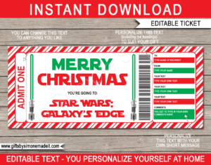 Printable Christmas Star Wars Galaxy's Edge Ticket Gift Voucher Template | Green Lightsaber | Theme Park Gift Voucher | Surprise Star Wars Tickets | Amusement Park | Fake Faux Tickets | Daily, Season, Yearly Passes | DIY Editable & Printable Template | INSTANT DOWNLOAD via giftsbysimonemadeit.com