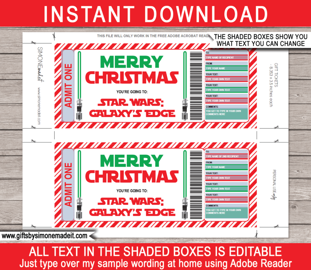 Printable Christmas Star Wars Galaxy's Edge Ticket Gift Voucher Template | Green Lightsaber | Theme Park Gift Voucher | Surprise Star Wars Tickets | Amusement Park | Fake Faux Tickets | Daily, Season, Yearly Passes | DIY Editable & Printable Template | INSTANT DOWNLOAD via giftsbysimonemadeit.com