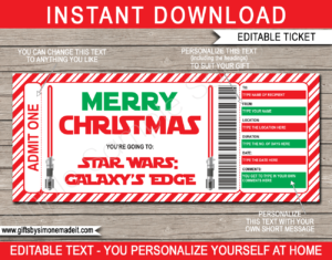 Christmas Star Wars Galaxy's Edge Ticket Gift Voucher Template | Red Lightsaber | Theme Park Gift Voucher | Surprise Star Wars Tickets | Amusement Park | Fake Faux Tickets | Daily, Season, Yearly Passes | DIY Editable & Printable Template | INSTANT DOWNLOAD via giftsbysimonemadeit.com