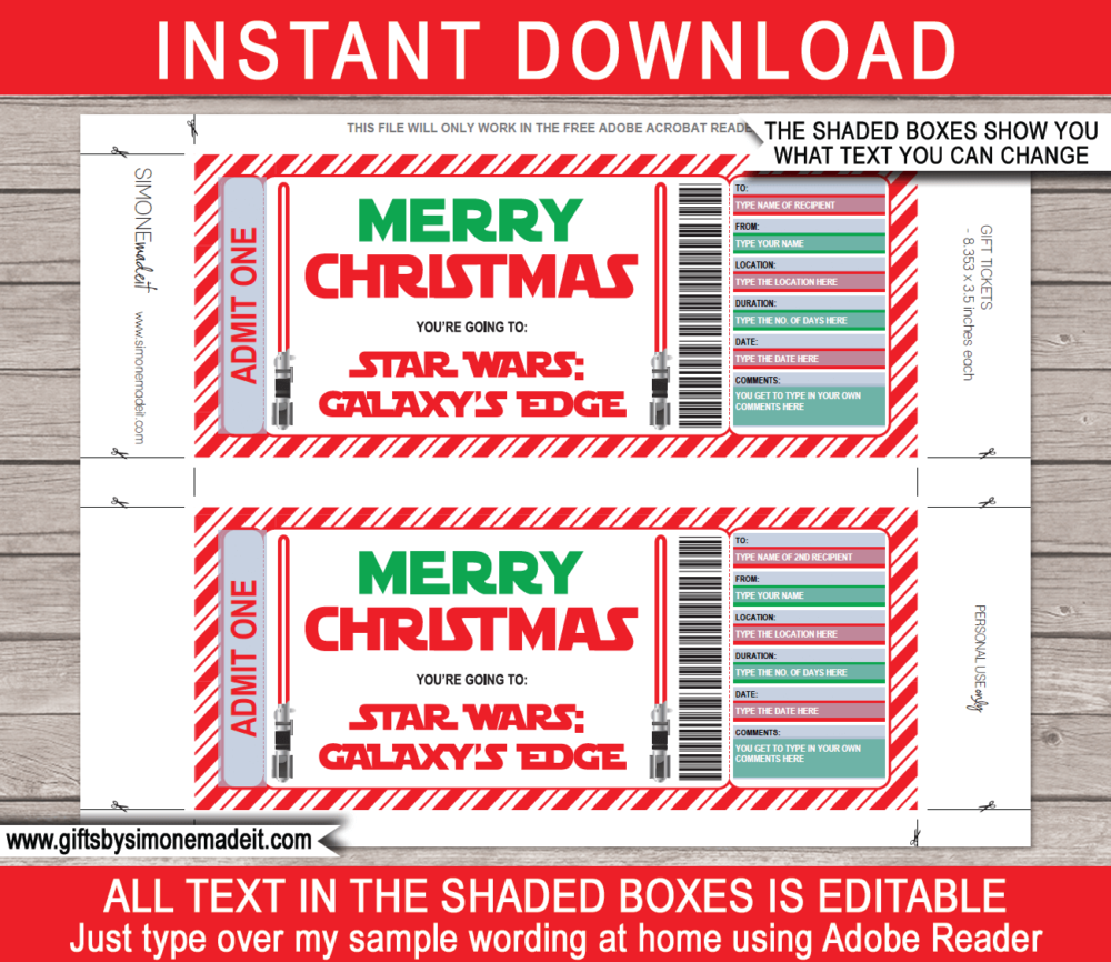Christmas Star Wars Galaxy's Edge Ticket Gift Voucher Template | Red Lightsaber | Theme Park Gift Voucher | Surprise Star Wars Tickets | Amusement Park | Fake Faux Tickets | Daily, Season, Yearly Passes | DIY Editable & Printable Template | INSTANT DOWNLOAD via giftsbysimonemadeit.com