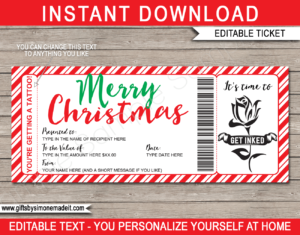 Christmas Tattoo Gift Certificate Template | DIY Gift Voucher Card | Flower Tattoo Design | Editable & Printable | Print at Home | Last Minute Gift for Women | Instant Download via www.giftsbysimonemadeit.com