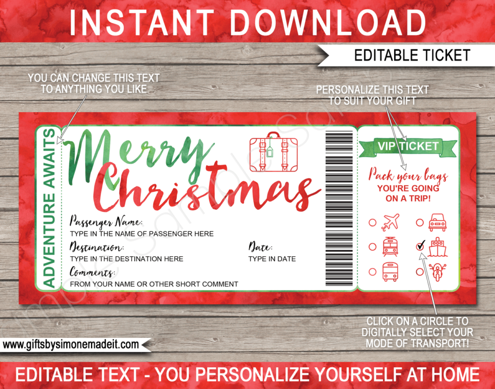 Printable Christmas Travel Ticket Template | Surprise Vacation Reveal Gift Idea | Editable & Printable DIY Template | Boarding Pass | Plane, Car, Road Trip, Bus, Train, Cruise, Boat, Ship, Motorbike | Instant Download via giftsbysimonemadeit.com