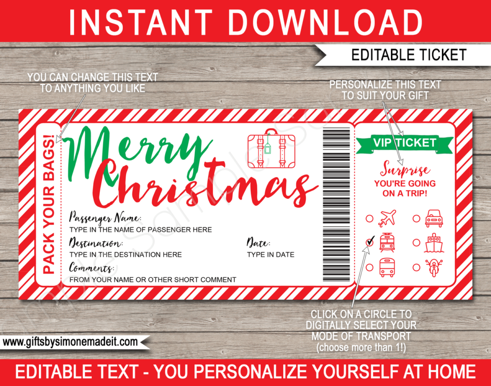 Christmas Travel Ticket Template | Surprise Vacation Reveal Gift Idea | Editable & Printable DIY Template | Boarding Pass | Plane, Car, Road Trip, Bus, Train, Cruise, Boat, Ship, Motorbike | Instant Download via giftsbysimonemadeit.com
