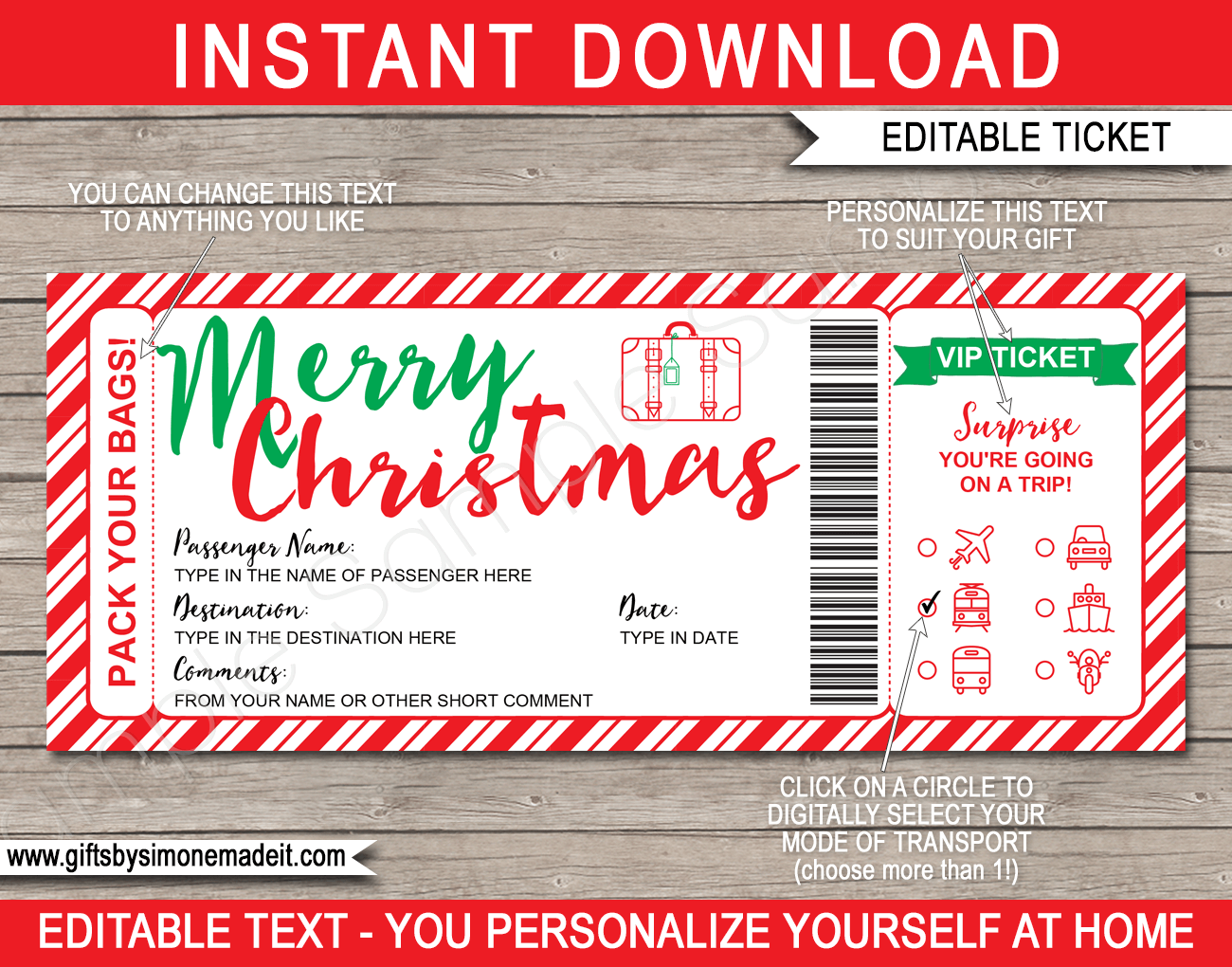 Christmas Travel Ticket Template Surprise Vacation Reveal Gift Idea