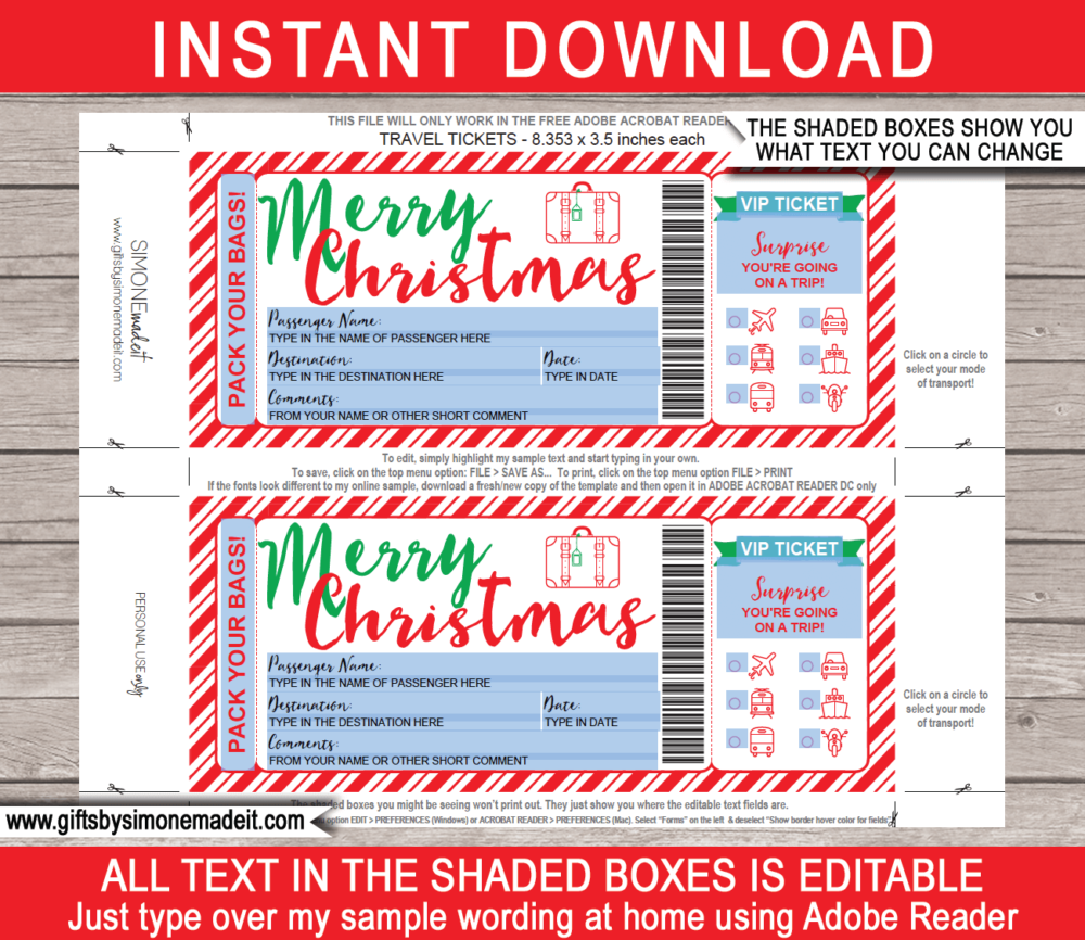 Christmas Travel Ticket Template | Surprise Vacation Reveal Gift Idea | Editable & Printable DIY Template | Boarding Pass | Plane, Car, Road Trip, Bus, Train, Cruise, Boat, Ship, Motorbike | Instant Download via giftsbysimonemadeit.com