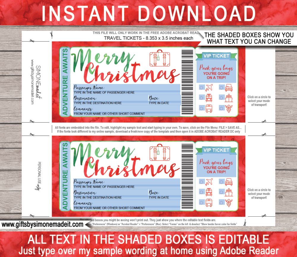 Printable Christmas Travel Ticket Template | Surprise Vacation Reveal Gift Idea | Editable & Printable DIY Template | Boarding Pass | Plane, Car, Road Trip, Bus, Train, Cruise, Boat, Ship, Motorbike | Instant Download via giftsbysimonemadeit.com