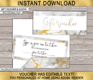 Printable Gift Voucher Template | Personalized Gift Certificate & Pocket Sleeve Envelope | Gold Marble | DIY Editable Text | Custom Birthday, Anniversary, Retirement, Graduation, Congratulations gift idea | INSTANT DOWNLOAD via giftsbysimonemadeit.com