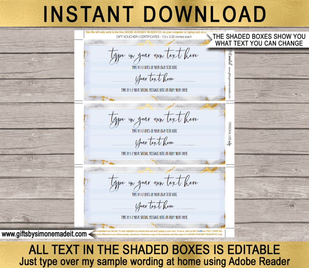 Printable Gift Voucher Template | Personalized Gift Certificate & Pocket Sleeve Envelope | Gold Marble | DIY Editable Text | Custom Birthday, Anniversary, Retirement, Graduation, Congratulations gift idea | INSTANT DOWNLOAD via giftsbysimonemadeit.com