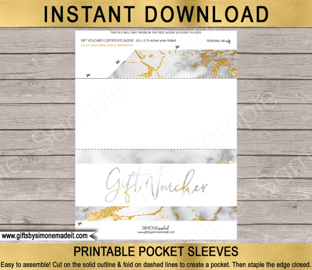 Printable Gift Voucher Envelope Template | Pocket Sleeve | Gold Marble | Birthday, Anniversary, Retirement, Graduation, Congratulations gift idea | INSTANT DOWNLOAD via giftsbysimonemadeit.com