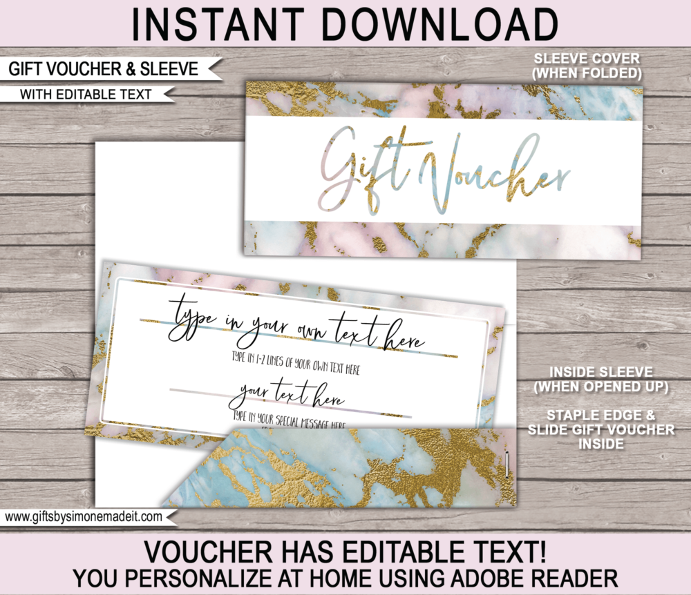 Printable Gift Voucher Template | Personalized Gift Certificate & Pocket Sleeve Envelope | Gold & Pastel Marble | DIY Editable Text | Custom Birthday, Anniversary, Retirement, Graduation, Congratulations gift idea | INSTANT DOWNLOAD via giftsbysimonemadeit.com