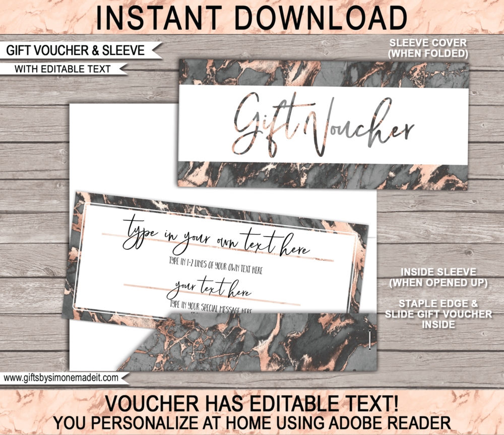 Printable Gift Voucher Template | Personalized Gift Certificate & Pocket Sleeve Envelope | Rose Gold & Black Marble | DIY Editable Text | Custom Birthday, Anniversary, Retirement, Graduation, Congratulations gift idea | INSTANT DOWNLOAD via giftsbysimonemadeit.com