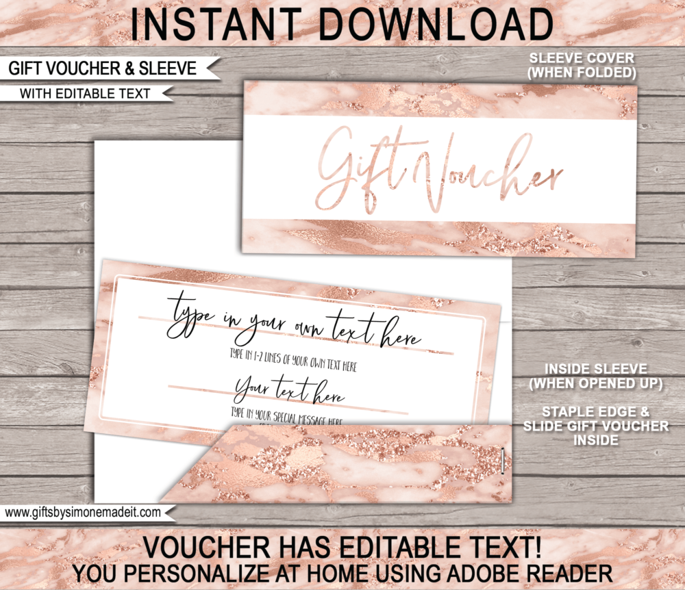 Printable Gift Voucher Template | Personalized Gift Certificate & Pocket Sleeve Envelope | Rose Gold Marble | DIY Editable Text | Custom Birthday, Anniversary, Retirement, Graduation, Congratulations gift idea | INSTANT DOWNLOAD via giftsbysimonemadeit.com