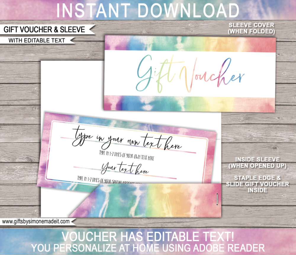 Tie Dye Gift Voucher Template | Printable Gift Certificate | Custom Gift Idea | Teenager Tween Family | DIY Editable Text | INSTANT DOWNLOAD via giftsbysimonemadeit.com