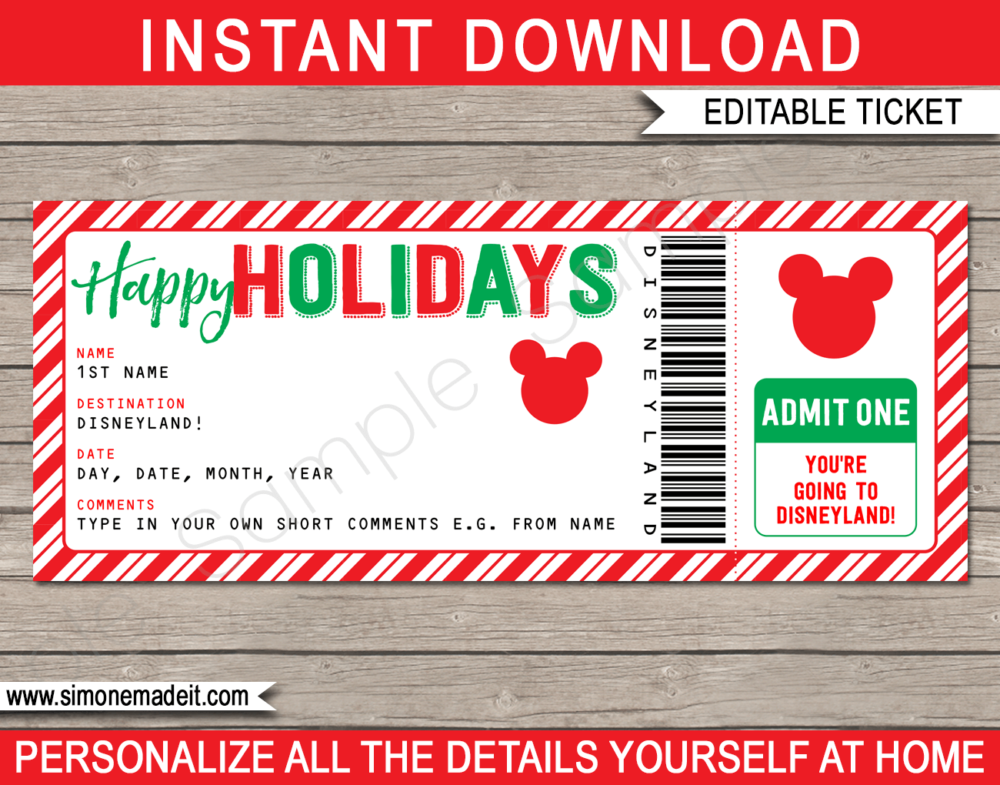 Holiday Disneyland Gift Ticket Template | Surprise Trip to Disneyland | DIY Editable & Printable Template | Instant Download via giftsbysimonemadeit.com