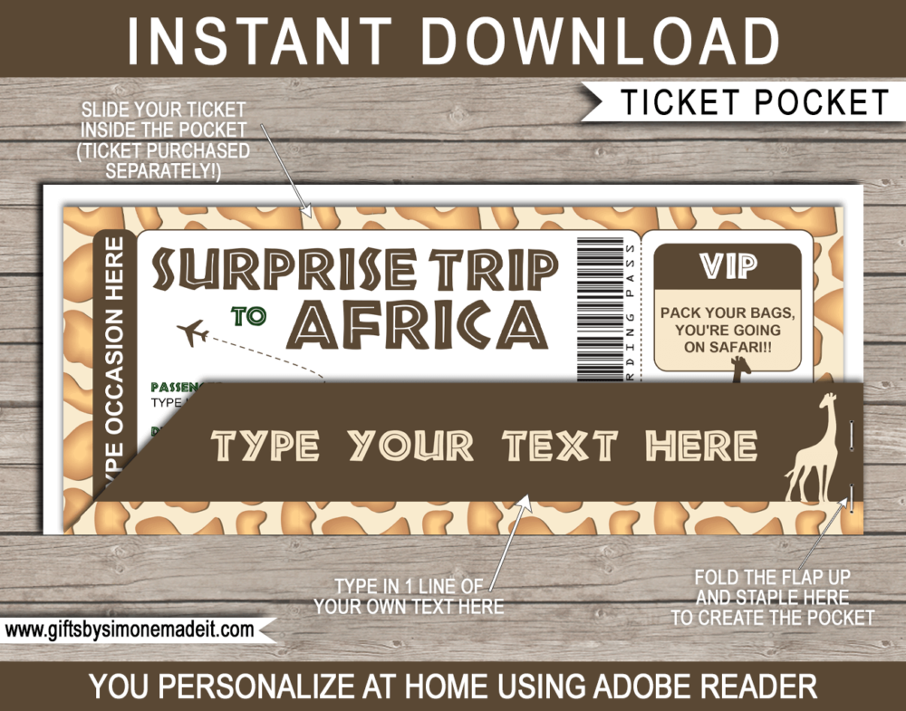 Printable Africa Plane Ticket Jacket Template | Surprise African Safari Trip Boarding Pass Sleeve, Envelope, Holder | Giraffe | Vacation Reveal Gift Idea | DIY Editable Text | INSTANT DOWNLOAD via giftsbysimonemadeit.com