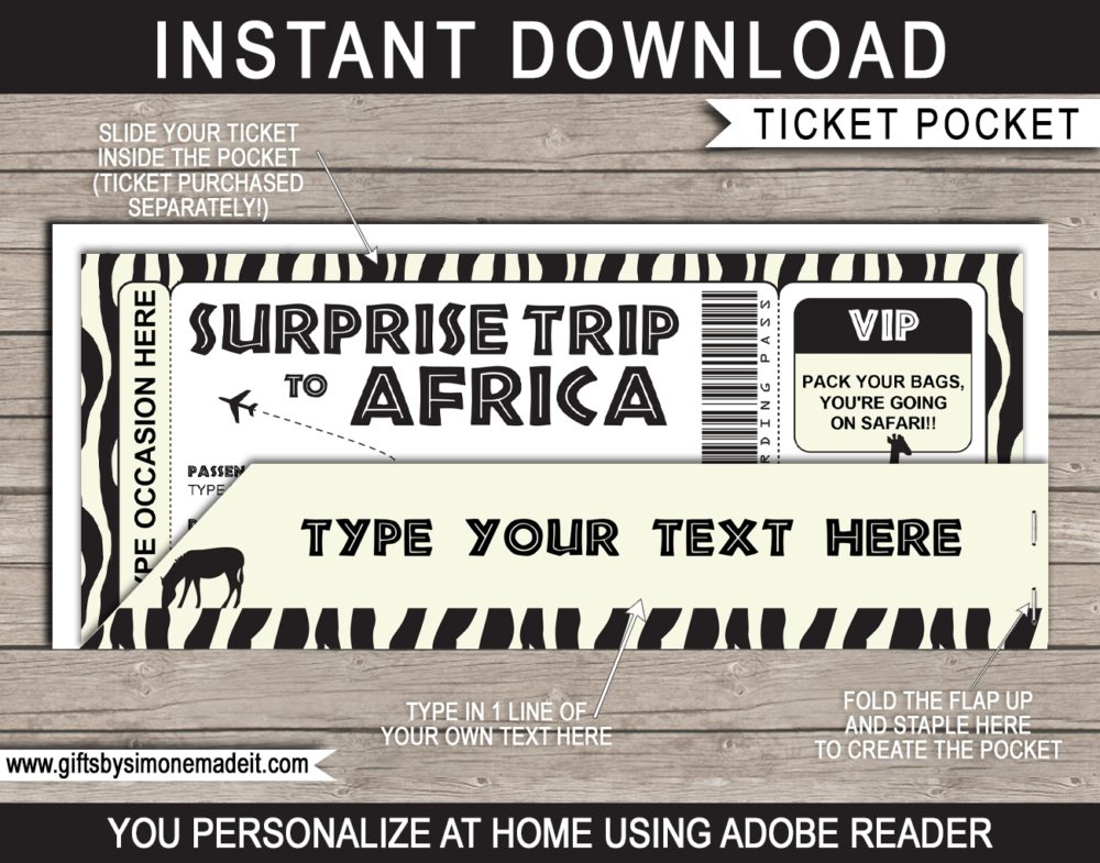 Printable African Safari Plane Ticket Jacket Template | Surpris Trip Boarding Pass Sleeve, Envelope, Holder | Zebra | Vacation Reveal Gift Idea | DIY Editable Text | INSTANT DOWNLOAD via giftsbysimonemadeit.com