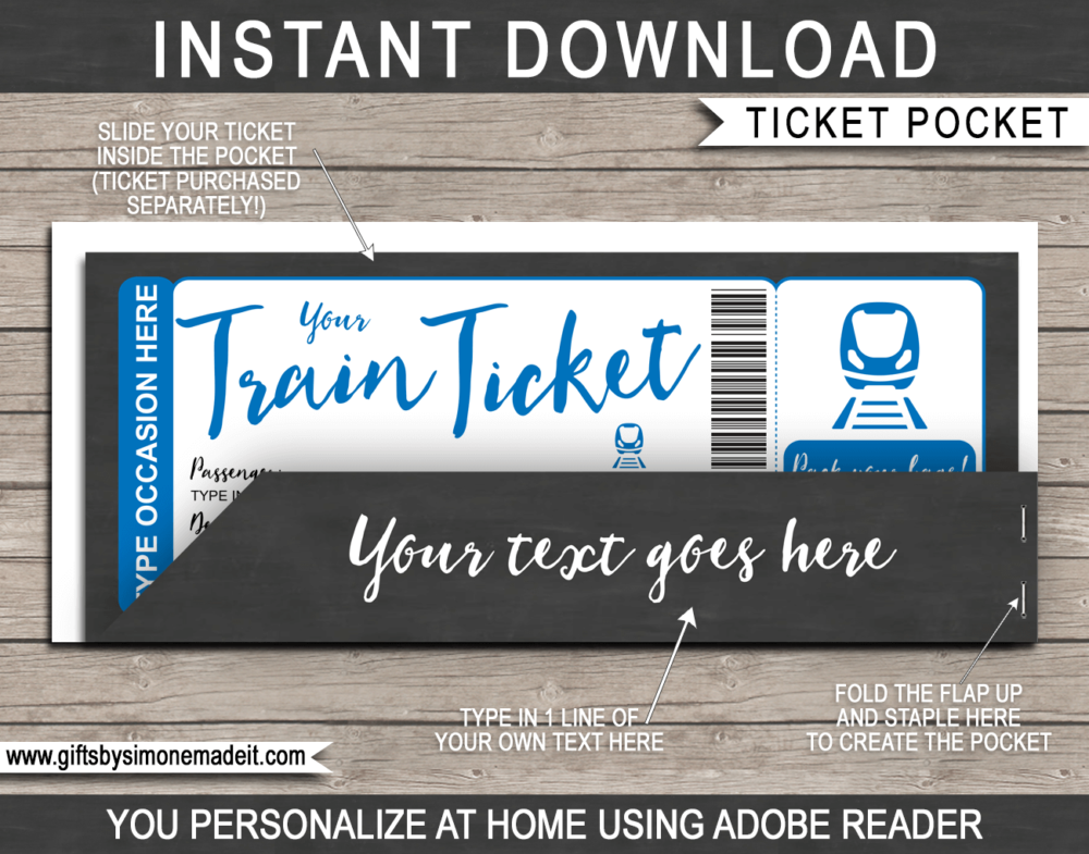 Blue Train Ticket Gift Certificate Pocket Sleeve Template | Printable Envelope / Holder | INSTANT DOWNLOAD via gftsbysimonemadeit.com