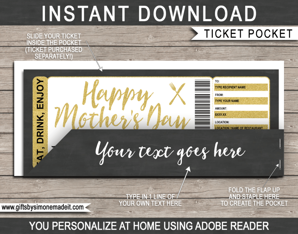 Gold Mother's Day Dining Gift Voucher Pocket Sleeve Template | Printable Envelope / Holder | INSTANT DOWNLOAD via gftsbysimonemadeit.com