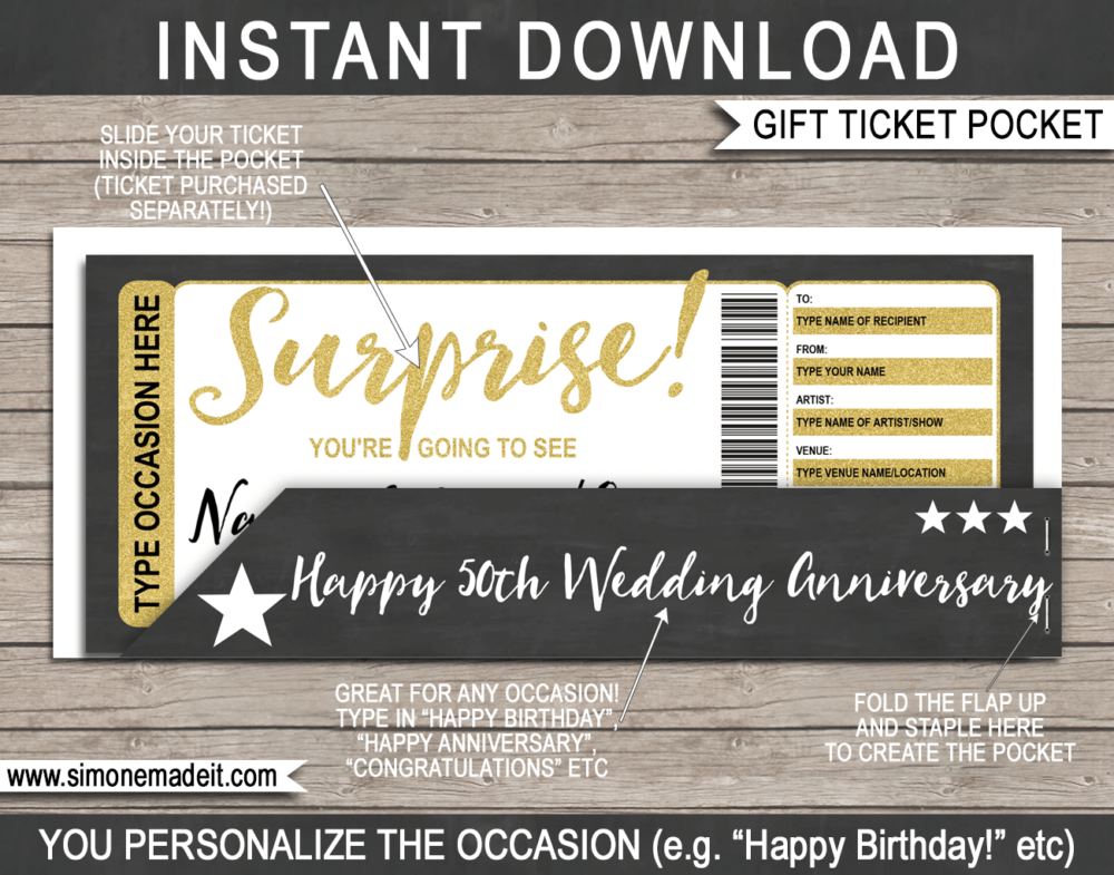 Surprise Anniversary Concert Ticket Gift Pocket Sleeve template for tickets, gift vouchers, certificates, cards or money | DIY Editable & Printable Template | INSTANT DOWNLOAD via giftsbysimonemadeit.com