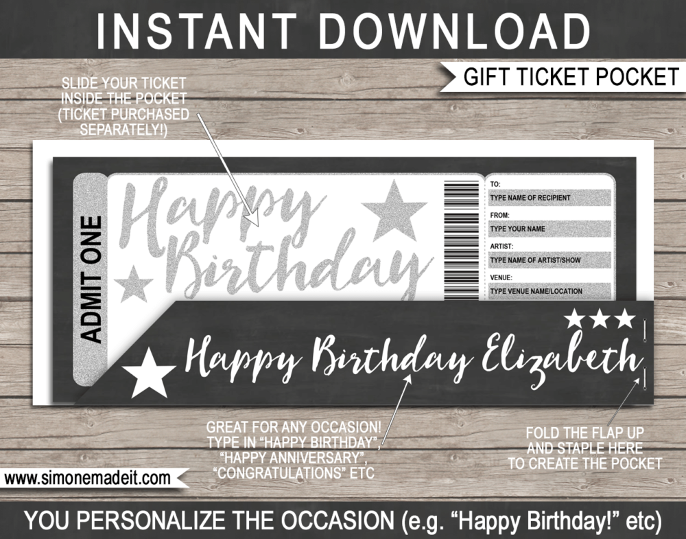 Silver Birthday Concert Ticket Gift Pocket Sleeve template for tickets, gift vouchers, certificates, cards or money | DIY Editable & Printable Template | INSTANT DOWNLOAD via giftsbysimonemadeit.com
