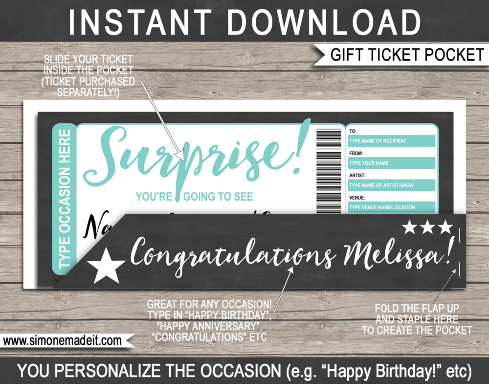 Aqua Surprise Concert Ticket Gift Pocket Sleeve template for tickets, gift vouchers, certificates, cards or money | DIY Editable & Printable Template | INSTANT DOWNLOAD via giftsbysimonemadeit.com