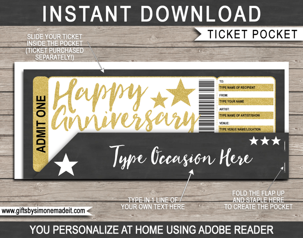 Gold Anniversary Concert Ticket Gift Pocket Sleeve template for tickets, gift vouchers, certificates, cards or money | DIY Editable & Printable Template | INSTANT DOWNLOAD via giftsbysimonemadeit.com