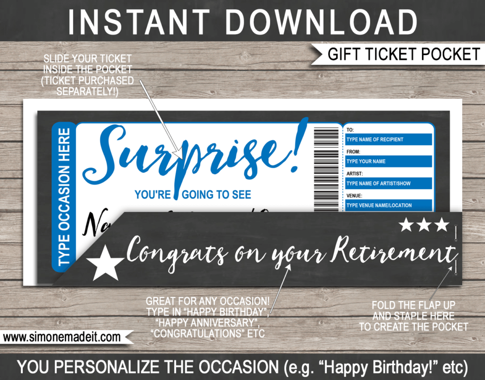 Blue Surprise Show Ticket Gift Pocket Sleeve template for tickets, gift vouchers, certificates, cards or money | DIY Editable & Printable Template | INSTANT DOWNLOAD via giftsbysimonemadeit.com